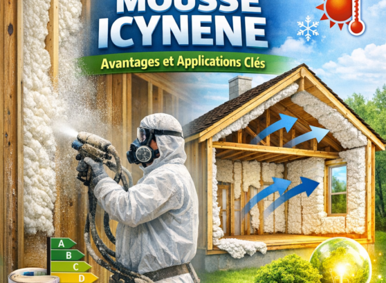 Icynene foam insulation being sprayed on walls, showing eco-friendly thermal and acoustic insulation benefits.