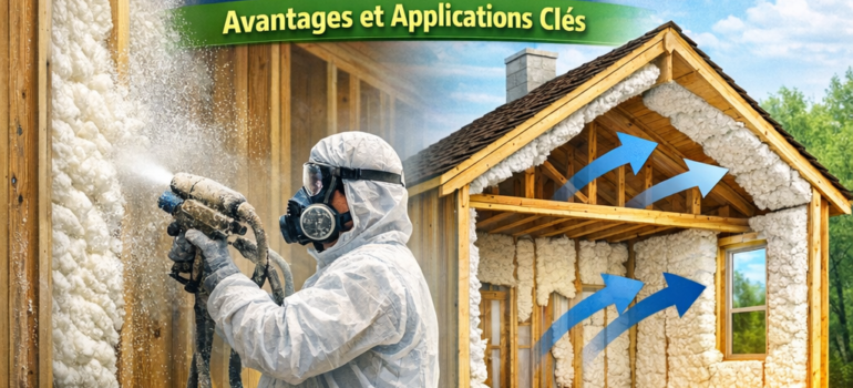 Icynene foam insulation being sprayed on walls, showing eco-friendly thermal and acoustic insulation benefits.