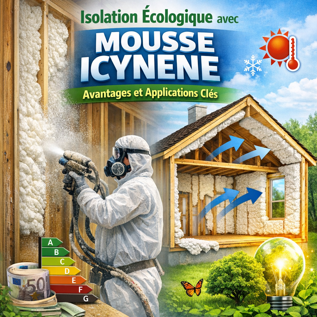 Icynene foam insulation being sprayed on walls, showing eco-friendly thermal and acoustic insulation benefits.