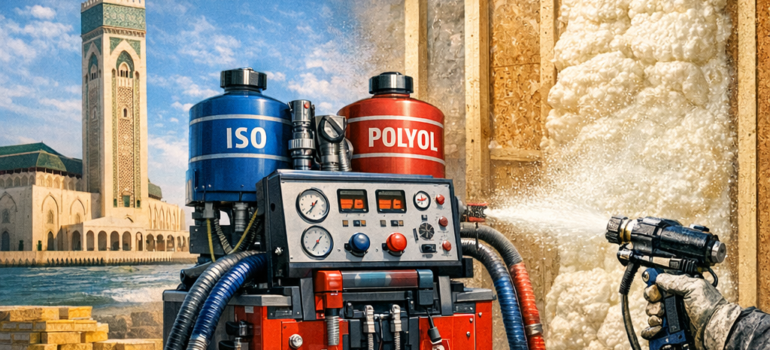 Machine projection mousse polyuréthane utilisée au Maroc pour isolation, affichant prix et différents modèles de machines pol