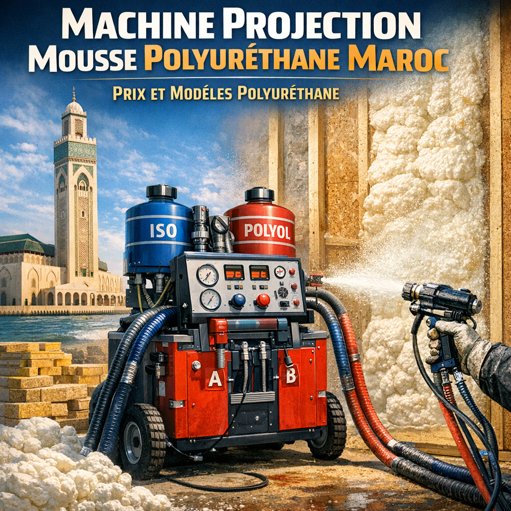 Machine projection mousse polyuréthane utilisée au Maroc pour isolation, affichant prix et différents modèles de machines pol