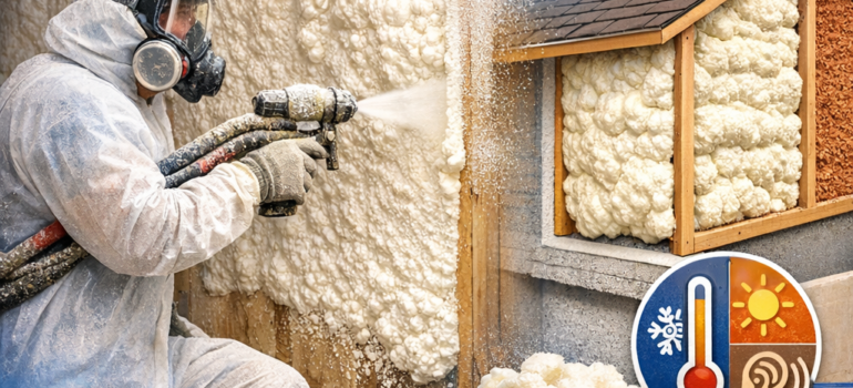 Application de mousse polyuréthane projetée isolant thermiquement et acoustiquement un bâtiment au Maroc.