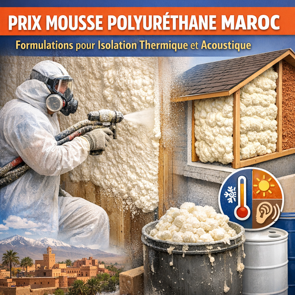 Application de mousse polyuréthane projetée isolant thermiquement et acoustiquement un bâtiment au Maroc.
