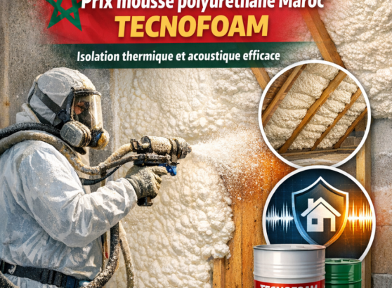 Application professionnelle de mousse polyuréthane projetée Tecnofoam pour isolation thermique et acoustique au Maroc.