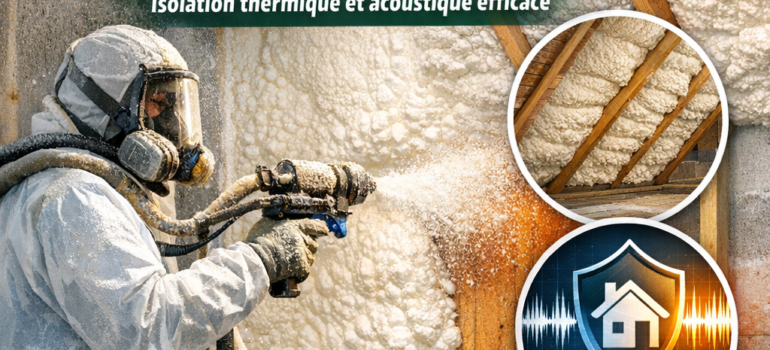 Application professionnelle de mousse polyuréthane projetée Tecnofoam pour isolation thermique et acoustique au Maroc.