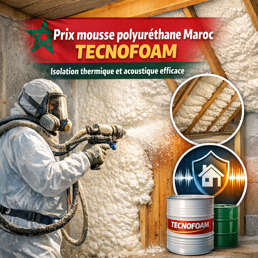 Application professionnelle de mousse polyuréthane projetée Tecnofoam pour isolation thermique et acoustique au Maroc.