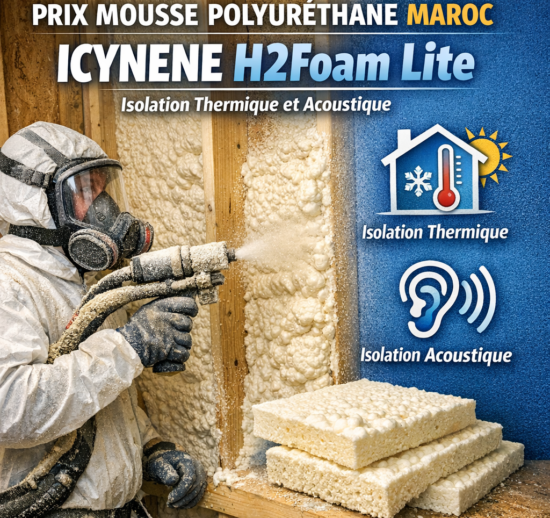 Application of ICYNENE H2Foam Lite polyurethane foam being sprayed for thermal and acoustic insulation in a building in Moroc