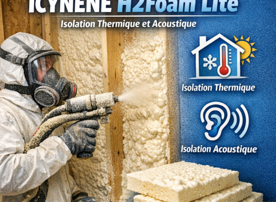 Application of ICYNENE H2Foam Lite polyurethane foam being sprayed for thermal and acoustic insulation in a building in Moroc