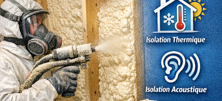 Application of ICYNENE H2Foam Lite polyurethane foam being sprayed for thermal and acoustic insulation in a building in Moroc