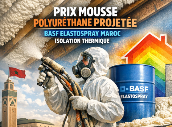 Application professionnelle de mousse polyuréthane projetée BASF Elastospray pour isolation thermique au Maroc.