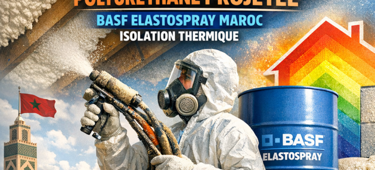 Application professionnelle de mousse polyuréthane projetée BASF Elastospray pour isolation thermique au Maroc.
