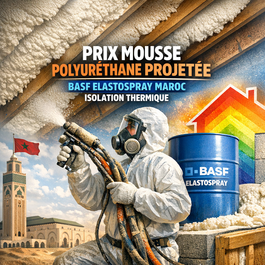 Application professionnelle de mousse polyuréthane projetée BASF Elastospray pour isolation thermique au Maroc.