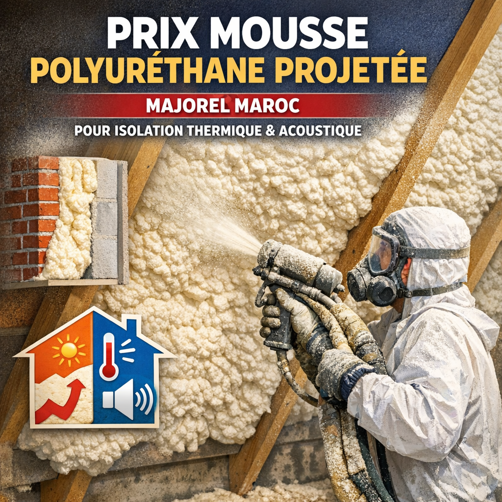Application professionnelle de mousse polyuréthane projetée MAJOREL pour isolation thermique et acoustique au Maroc.
